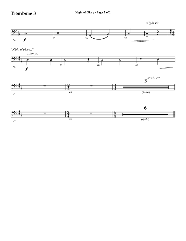 Night of Glory (Choral Anthem SATB) Trombone 3 (Word Music Choral / Arr. David Wise / Orch. David Shipps)