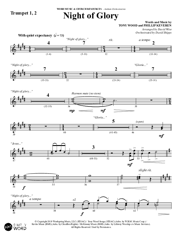 Night of Glory (Choral Anthem SATB) Trumpet 1,2 (Word Music Choral / Arr. David Wise / Orch. David Shipps)