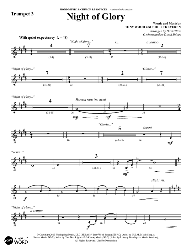 Night of Glory (Choral Anthem SATB) Trumpet 3 (Word Music Choral / Arr. David Wise / Orch. David Shipps)
