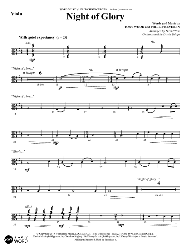 Night of Glory (Choral Anthem SATB) Viola (Word Music Choral / Arr. David Wise / Orch. David Shipps)