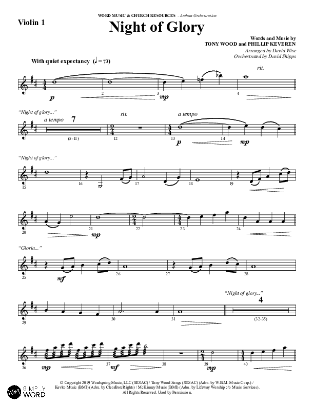 Night of Glory (Choral Anthem SATB) Violin 1 (Word Music Choral / Arr. David Wise / Orch. David Shipps)