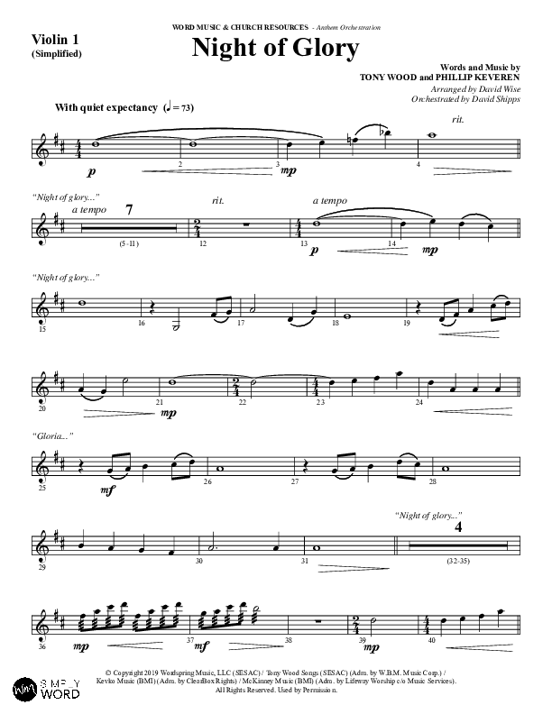 Night of Glory (Choral Anthem SATB) Violin 1 (Word Music Choral / Arr. David Wise / Orch. David Shipps)