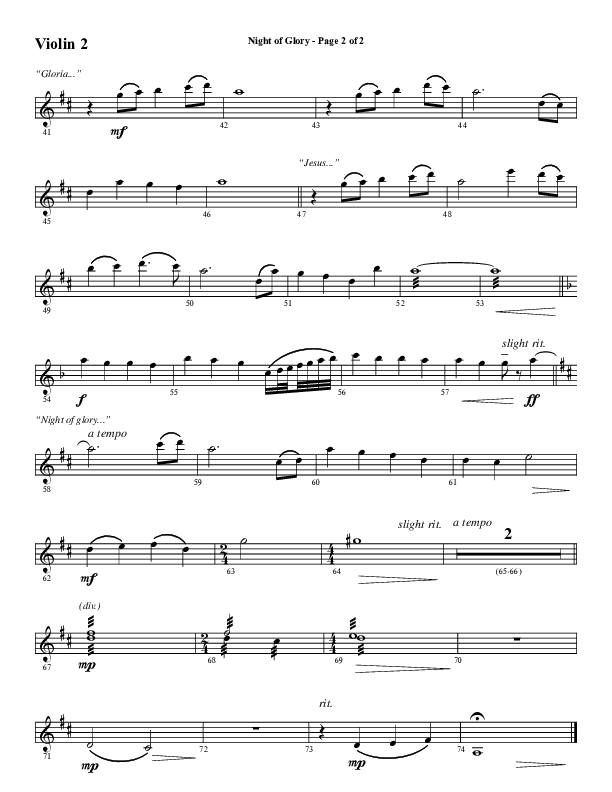 Night of Glory (Choral Anthem SATB) Violin 2 (Word Music Choral / Arr. David Wise / Orch. David Shipps)