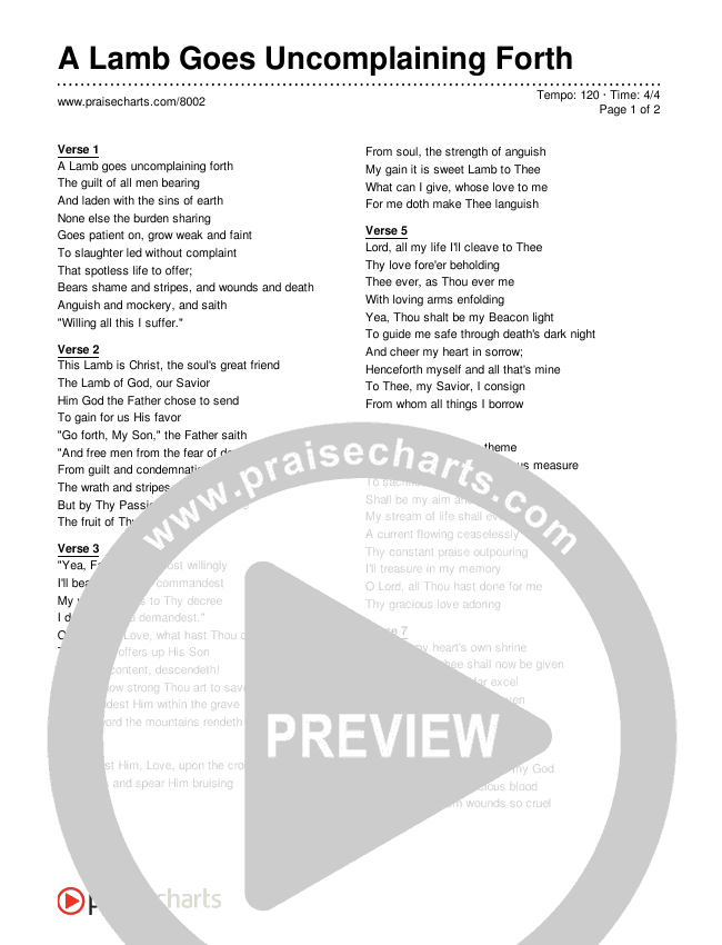 A Lamb Goes Uncomplaining Forth Lyrics (Traditional Hymn)