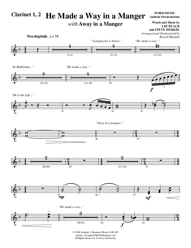 He Made A Way In A Manger (Choral Anthem SATB) Clarinet 1/2 (Word Music Choral / Arr. Russell Mauldin)