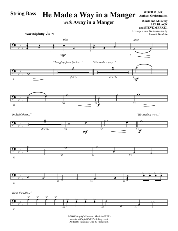 He Made A Way In A Manger (Choral Anthem SATB) Double Bass (Word Music Choral / Arr. Russell Mauldin)