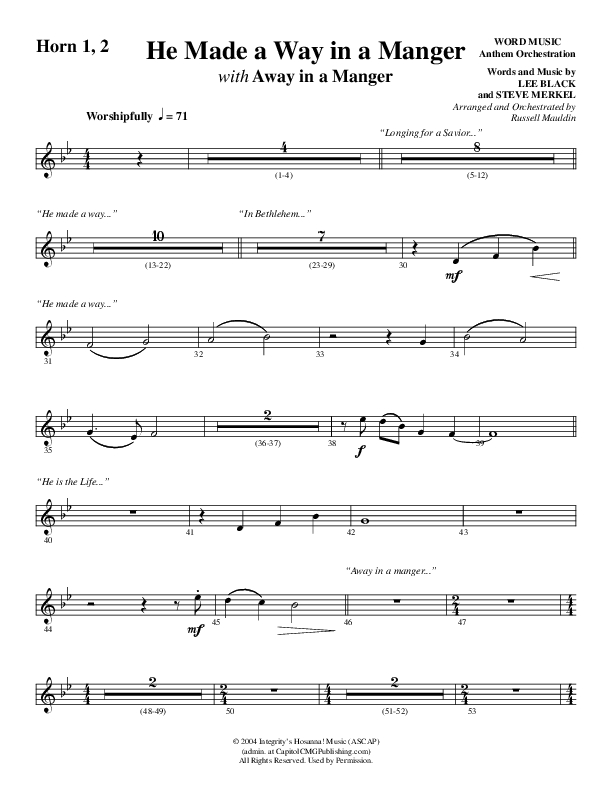 He Made A Way In A Manger (Choral Anthem SATB) French Horn 1/2 (Word Music Choral / Arr. Russell Mauldin)