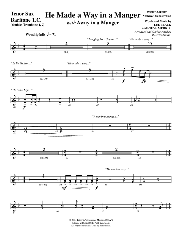 He Made A Way In A Manger (Choral Anthem SATB) Tenor Sax/Baritone T.C. (Word Music Choral / Arr. Russell Mauldin)