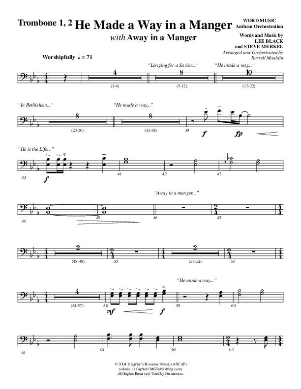 He Made A Way In A Manger (Choral Anthem SATB) Trombone 1/2 (Word Music Choral / Arr. Russell Mauldin)