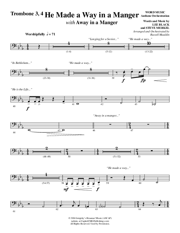He Made A Way In A Manger (Choral Anthem SATB) Trombone 3/4 (Word Music Choral / Arr. Russell Mauldin)