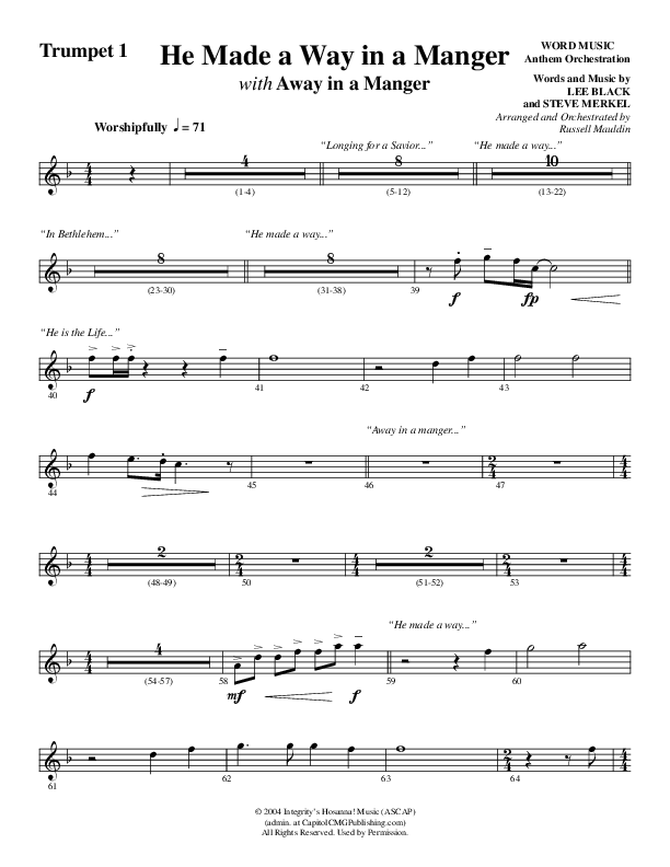 He Made A Way In A Manger (Choral Anthem SATB) Trumpet 1 (Word Music Choral / Arr. Russell Mauldin)