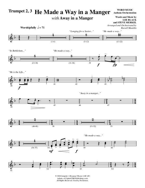 He Made A Way In A Manger (Choral Anthem SATB) Trumpet 2/3 (Word Music Choral / Arr. Russell Mauldin)