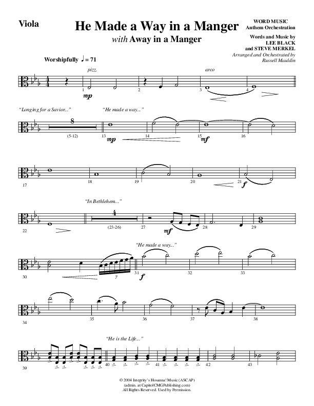 He Made A Way In A Manger (Choral Anthem SATB) Viola (Word Music Choral / Arr. Russell Mauldin)