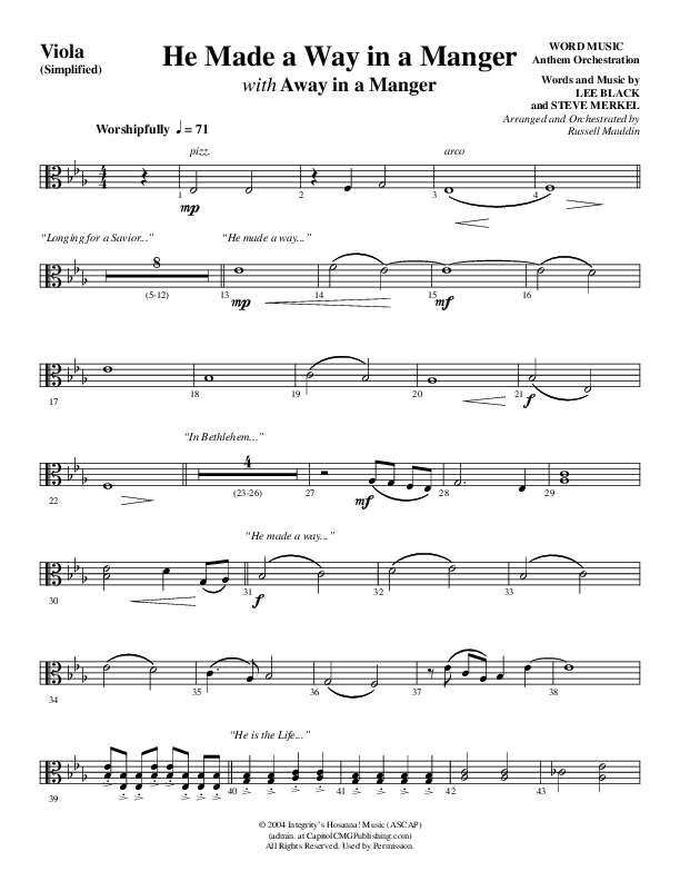 He Made A Way In A Manger (Choral Anthem SATB) Viola (Word Music Choral / Arr. Russell Mauldin)