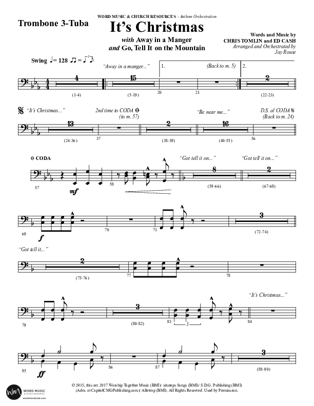 It's Christmas (Instrumental) Trombone 3/Tuba (Word Music Choral / Arr. Jay Rouse)