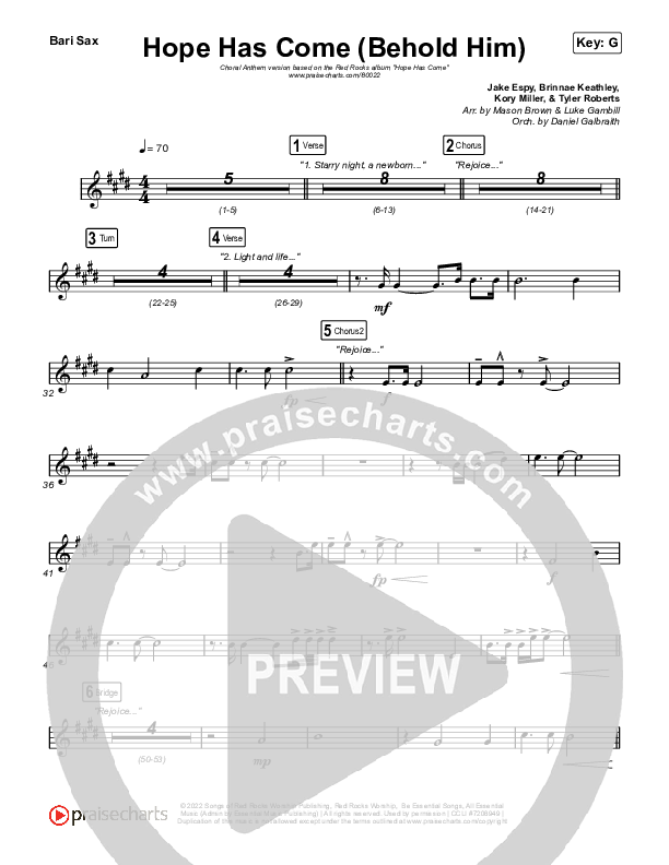Hope Has Come (Behold Him) (Choral Anthem SATB) Bari Sax (Red Rocks Worship / Arr. Luke Gambill)