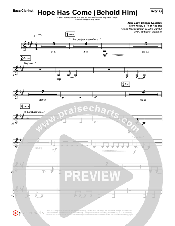Hope Has Come (Behold Him) (Choral Anthem SATB) Bass Clarinet (Red Rocks Worship / Arr. Luke Gambill)