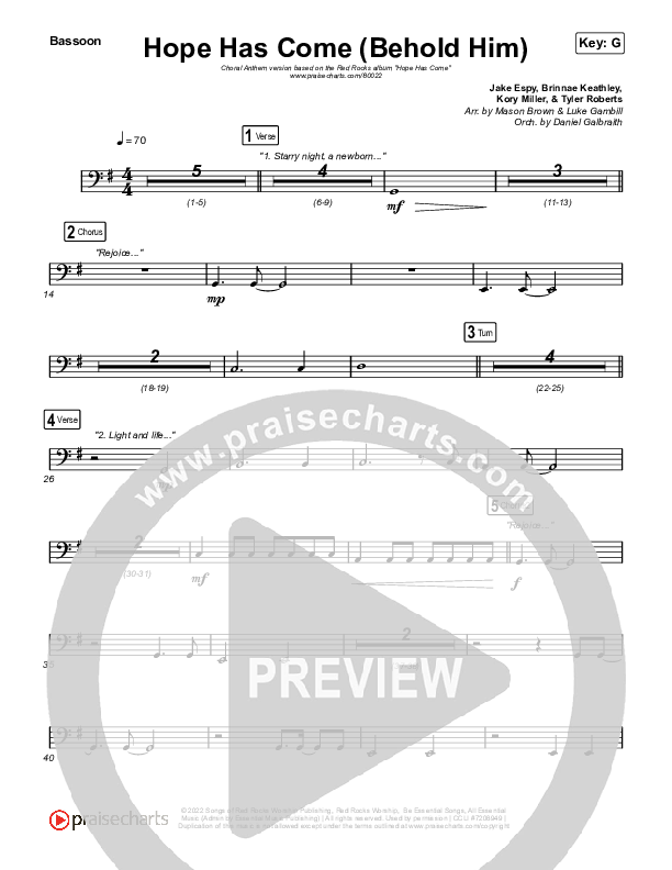 Hope Has Come (Behold Him) (Choral Anthem SATB) Bassoon (Red Rocks Worship / Arr. Luke Gambill)