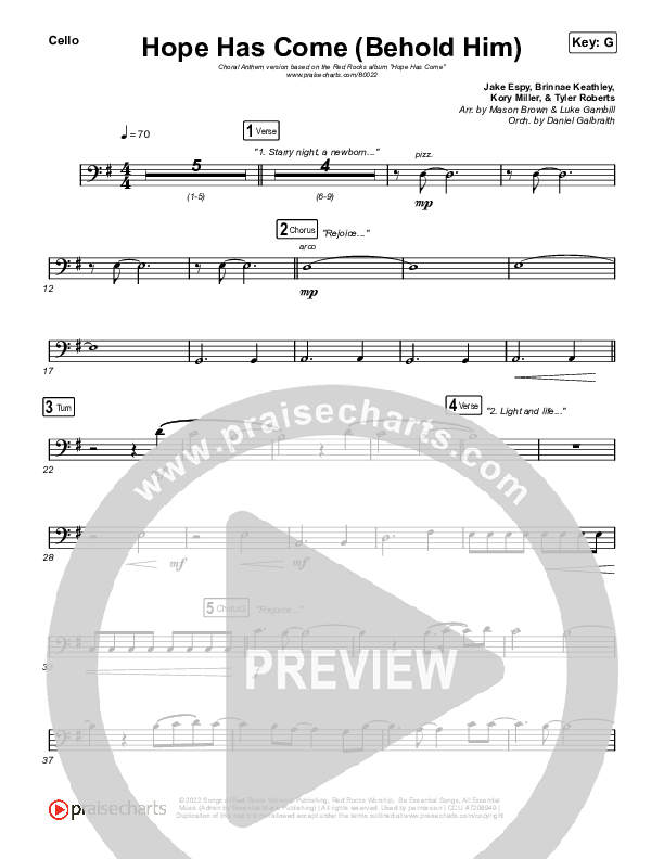 Hope Has Come (Behold Him) (Choral Anthem SATB) Cello (Red Rocks Worship / Arr. Luke Gambill)