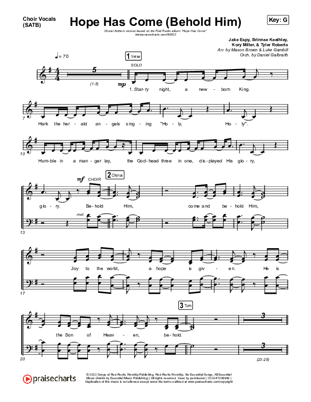 Hope Has Come (Behold Him) (Choral Anthem SATB) Choir Sheet (SATB) (Red Rocks Worship / Arr. Luke Gambill)