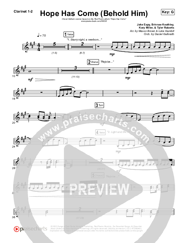 Hope Has Come (Behold Him) (Choral Anthem SATB) Clarinet 1,2 (Red Rocks Worship / Arr. Luke Gambill)