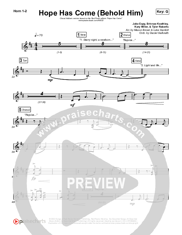Hope Has Come (Behold Him) (Choral Anthem SATB) French Horn 1,2 (Red Rocks Worship / Arr. Luke Gambill)