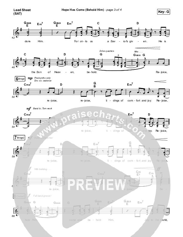 Hope Has Come (Behold Him) (Choral Anthem SATB) Lead Sheet (SAT) (Red Rocks Worship / Arr. Luke Gambill)