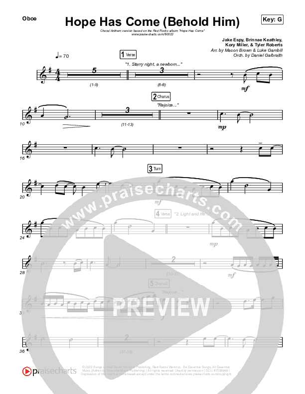 Hope Has Come (Behold Him) (Choral Anthem SATB) Oboe (Red Rocks Worship / Arr. Luke Gambill)