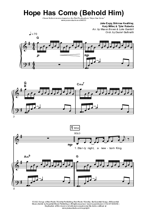 Hope Has Come (Behold Him) (Choral Anthem SATB) Octavo (SATB & Pno) (Red Rocks Worship / Arr. Luke Gambill)
