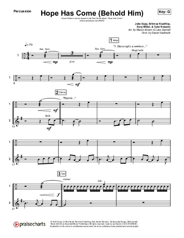 Hope Has Come (Behold Him) (Choral Anthem SATB) Percussion (Red Rocks Worship / Arr. Luke Gambill)