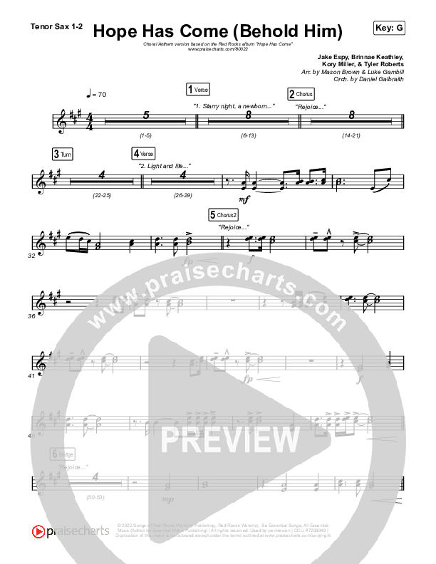 Hope Has Come (Behold Him) (Choral Anthem SATB) Sax Pack (Red Rocks Worship / Arr. Luke Gambill)