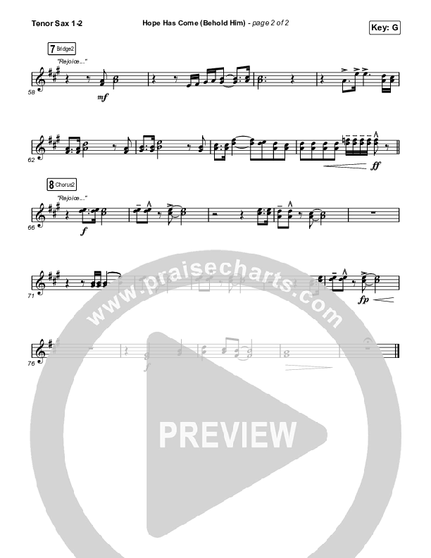Hope Has Come (Behold Him) (Choral Anthem SATB) Tenor Sax 1,2 (Red Rocks Worship / Arr. Luke Gambill)
