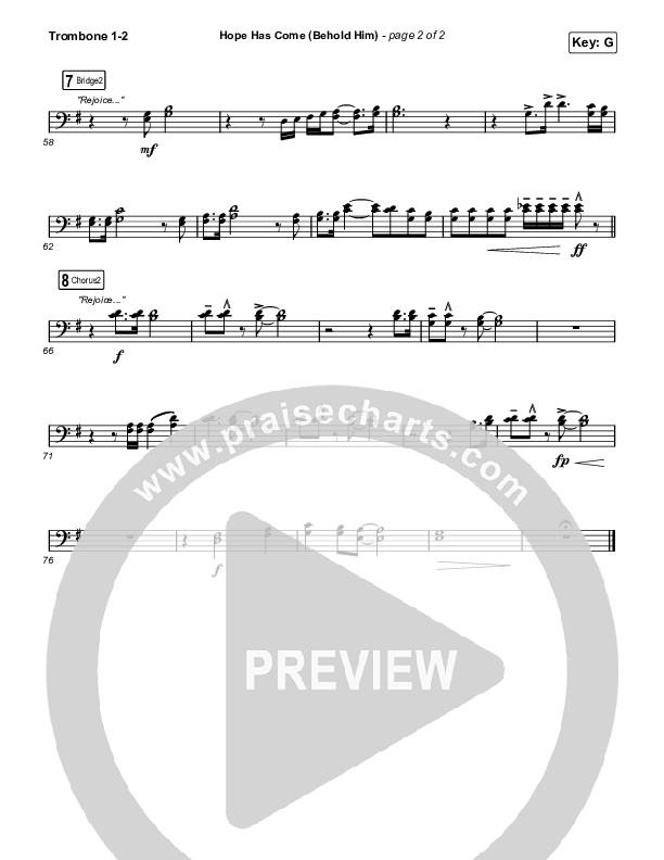 Hope Has Come (Behold Him) (Choral Anthem SATB) Trombone 1/2 (Red Rocks Worship / Arr. Luke Gambill)