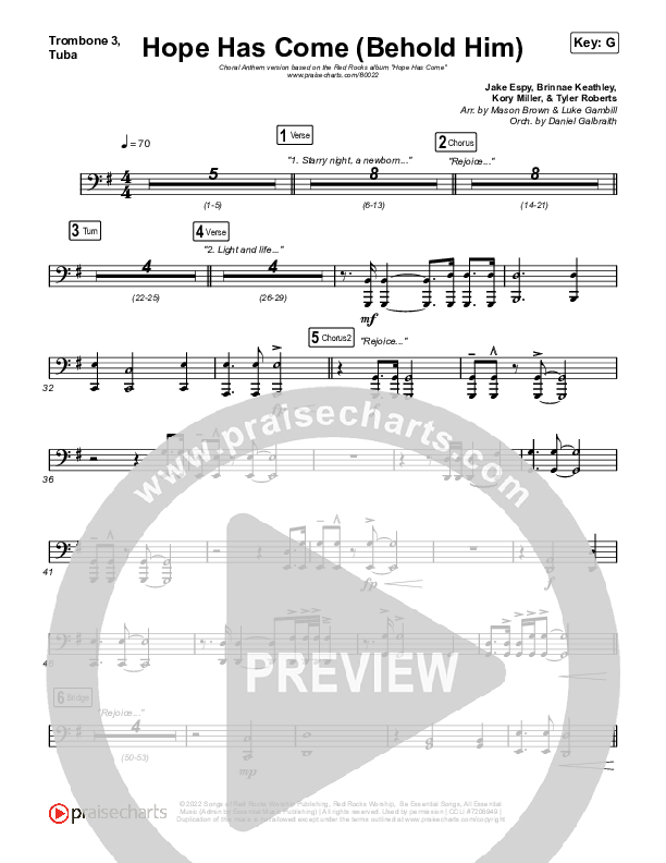 Hope Has Come (Behold Him) (Choral Anthem SATB) Trombone 3/Tuba (Red Rocks Worship / Arr. Luke Gambill)