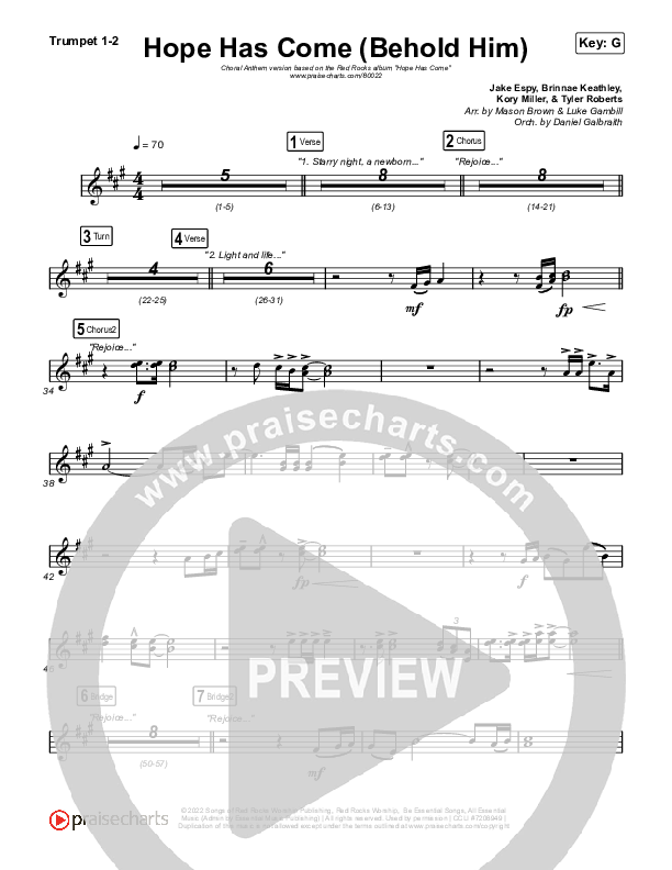 Hope Has Come (Behold Him) (Choral Anthem SATB) Trumpet 1,2 (Red Rocks Worship / Arr. Luke Gambill)