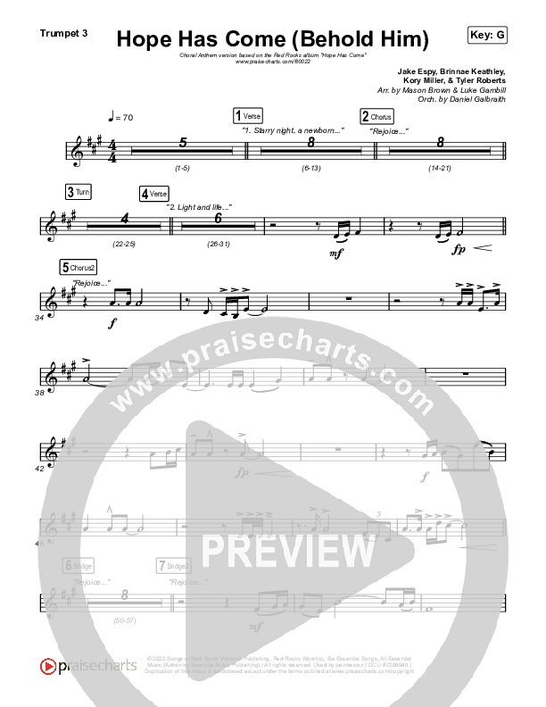 Hope Has Come (Behold Him) (Choral Anthem SATB) Trumpet 1,2 (Red Rocks Worship / Arr. Luke Gambill)