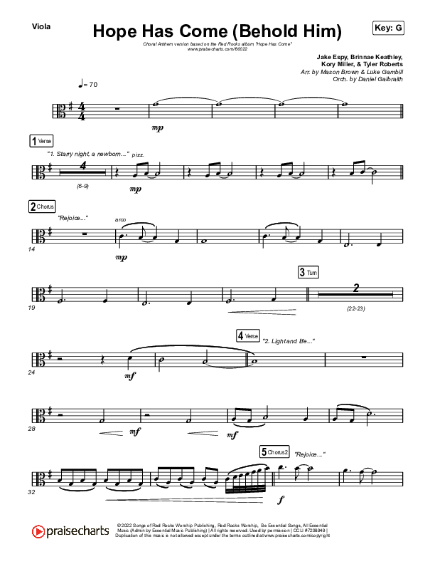 Hope Has Come (Behold Him) (Choral Anthem SATB) Viola (Red Rocks Worship / Arr. Luke Gambill)
