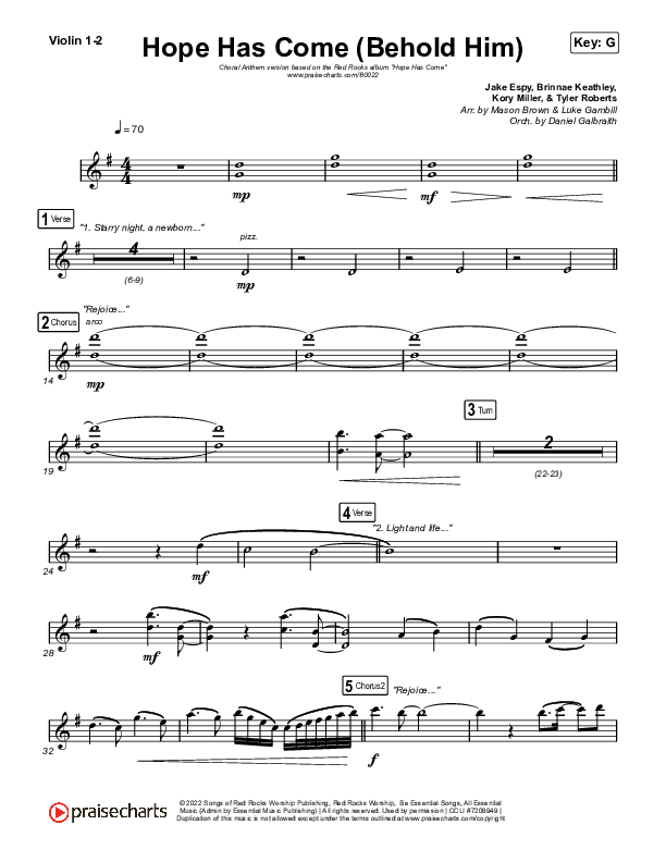 Hope Has Come (Behold Him) (Choral Anthem SATB) Violin 1,2 (Red Rocks Worship / Arr. Luke Gambill)