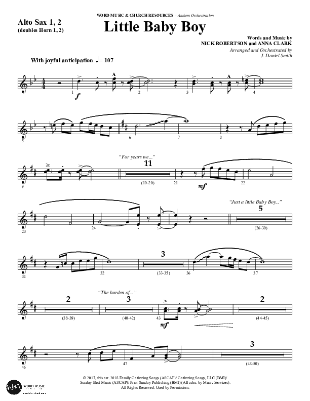 Little Baby Boy (Choral Anthem SATB) Alto Sax 1/2 (Word Music Choral / Arr. J. Daniel Smith)