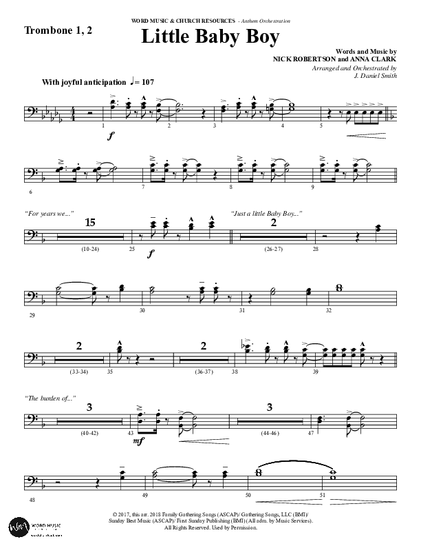 Little Baby Boy (Choral Anthem SATB) Trombone 1/2 (Word Music Choral / Arr. J. Daniel Smith)