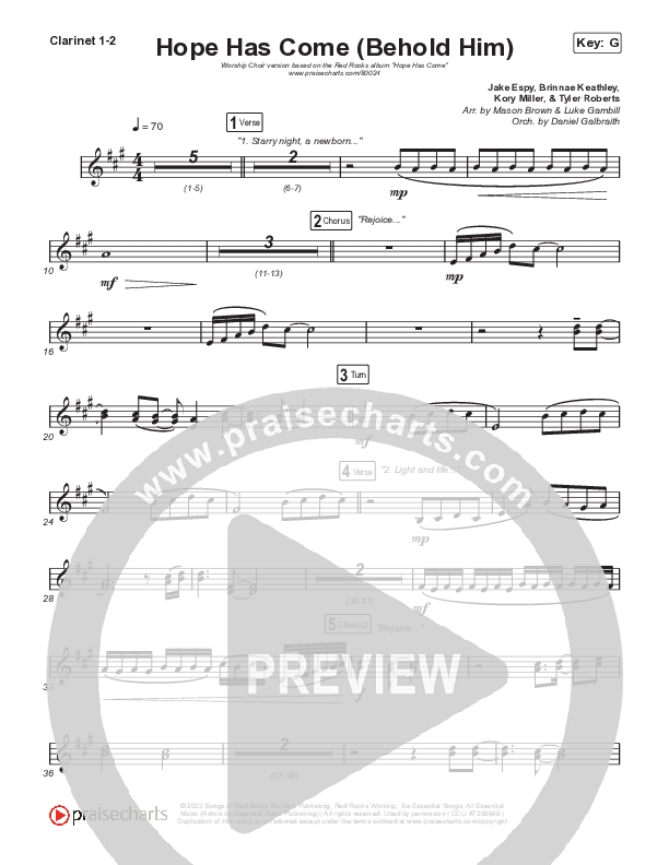 Hope Has Come (Behold Him) (Worship Choir SAB) Clarinet 1/2 (Red Rocks Worship / Arr. Luke Gambill)
