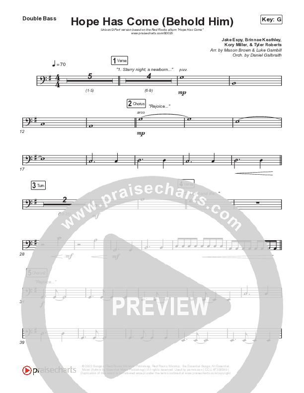 Hope Has Come (Behold Him) (Unison/2-Part Choir) Double Bass (Red Rocks Worship / Arr. Luke Gambill)
