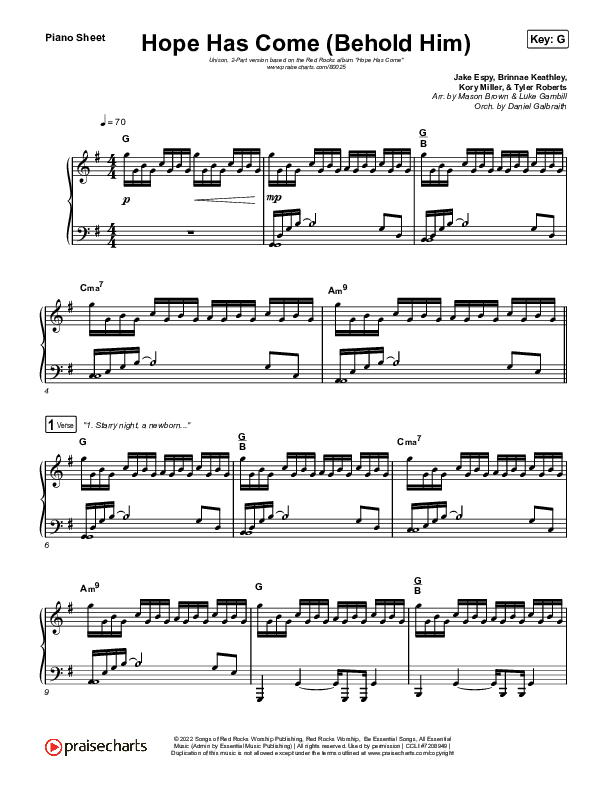 Hope Has Come (Behold Him) (Unison/2-Part Choir) Piano Sheet (Red Rocks Worship / Arr. Luke Gambill)