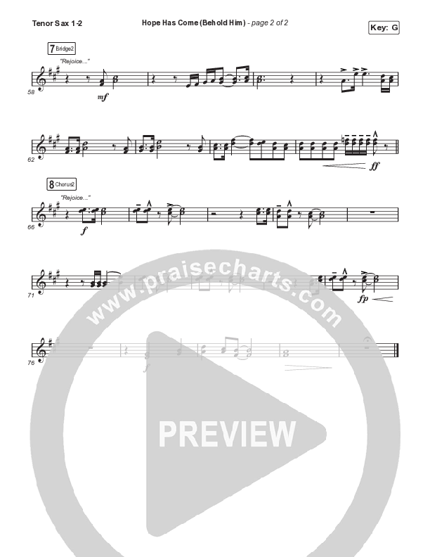 Hope Has Come (Behold Him) (Unison/2-Part Choir) Tenor Sax 1/2 (Red Rocks Worship / Arr. Luke Gambill)