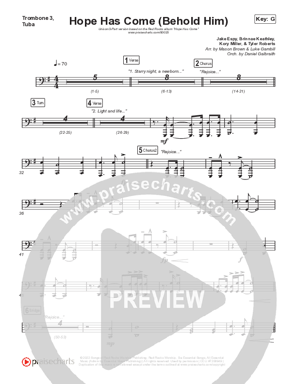 Hope Has Come (Behold Him) (Unison/2-Part Choir) Trombone 3/Tuba (Red Rocks Worship / Arr. Luke Gambill)