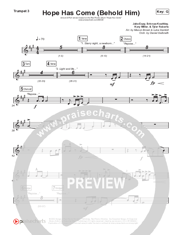 Hope Has Come (Behold Him) (Unison/2-Part Choir) Trumpet 3 (Red Rocks Worship / Arr. Luke Gambill)