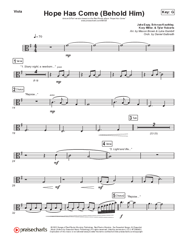 Hope Has Come (Behold Him) (Unison/2-Part Choir) Viola (Red Rocks Worship / Arr. Luke Gambill)