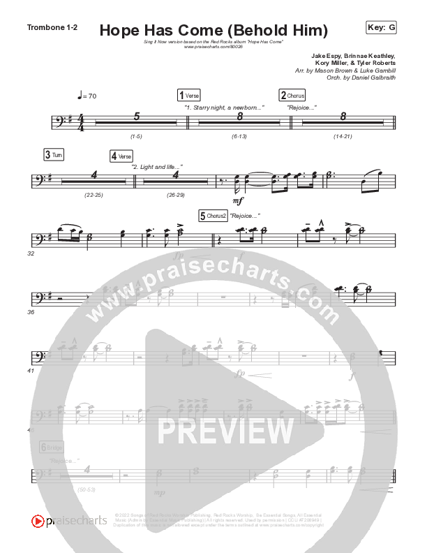 Hope Has Come (Behold Him) (Sing It Now SATB) Trombone 1/2 (Red Rocks Worship / Arr. Luke Gambill)