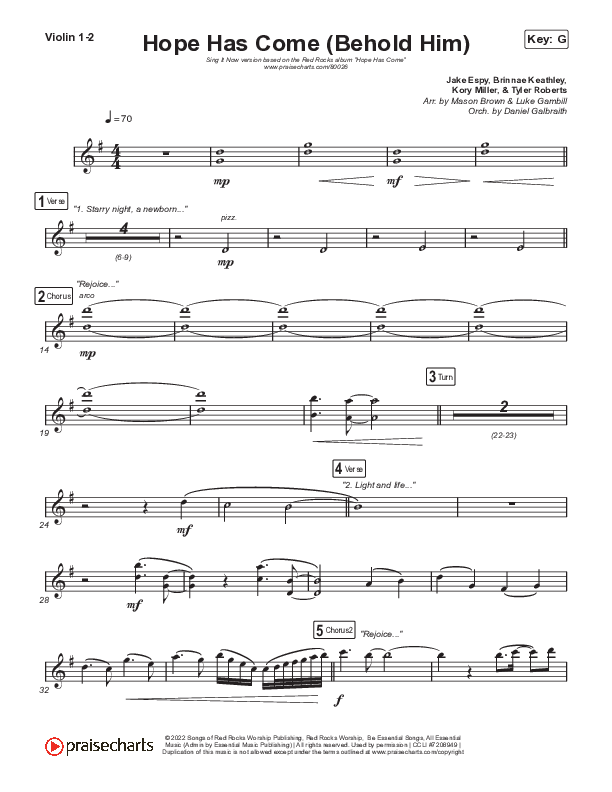 Hope Has Come (Behold Him) (Sing It Now SATB) Violin 1/2 (Red Rocks Worship / Arr. Luke Gambill)