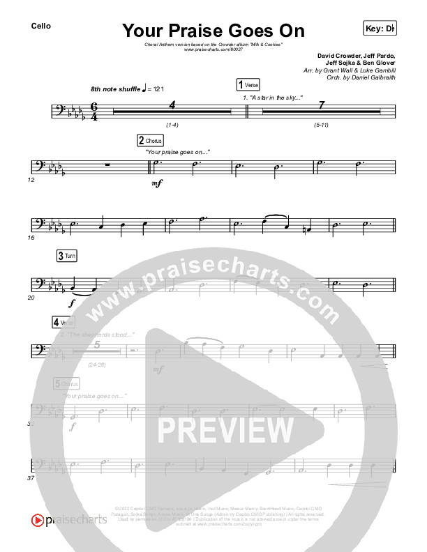 Your Praise Goes On (Choral Anthem SATB) Cello (Crowder / Arr. Luke Gambill)